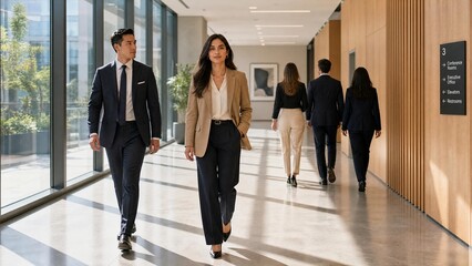 Fototapeta premium Confident Diverse Business Professionals Walking in Modern Corporate Office Hallway