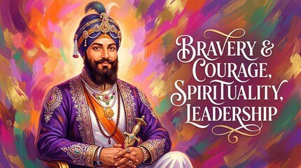Obraz premium Guru Hargobind Ji Vector Portrait with Inspirational Quotes - Sikhism Spiritual Art Illustrating Bravery, Courage, Spirituality, and Leadership Design Background