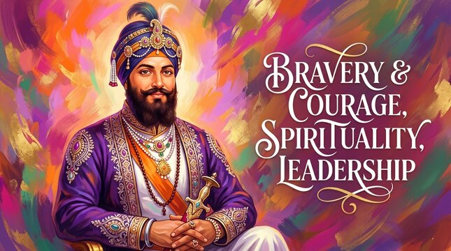 Guru Hargobind Ji Vector Portrait with Inspirational Quotes - Sikhism Spiritual Art Illustrating Bravery, Courage, Spirituality, and Leadership Design Background