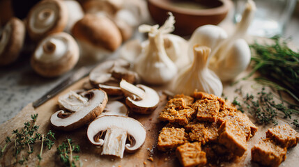 Fototapeta premium Fresh Sliced Mushrooms and Tempeh Prepared for Cooking on Kitchen Counter