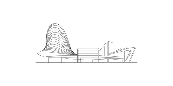 A black and white line drawing of a modern city skyline with unique buildings