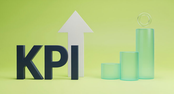 Digital marketing performance evaluation dashboard displaying KPI letters beside upward growth arrow to optimize ecommerce revenue target tracking or online sales metrics