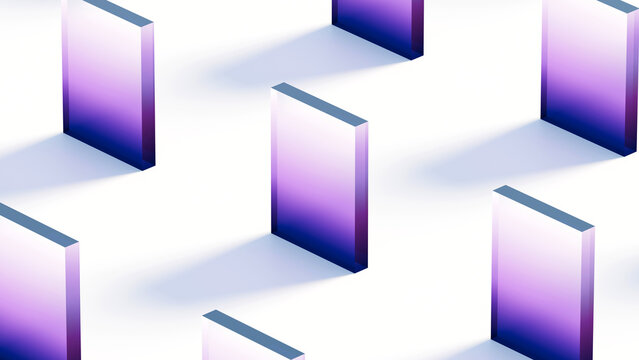 Abstract 3D high-tech background featuring an isometric grid of translucent glass blocks with purple and blue gradients. Perfect for data storage, fintech concepts, and modern presentation slides
