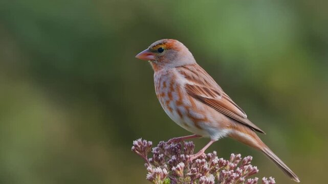 vibrant red-fronted serin perched on a flower, bird watching in nature, wildlife
