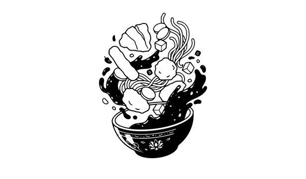 Levitation Rujak Mie and Pempek Indonesian Street Food Vector Logo Illustration