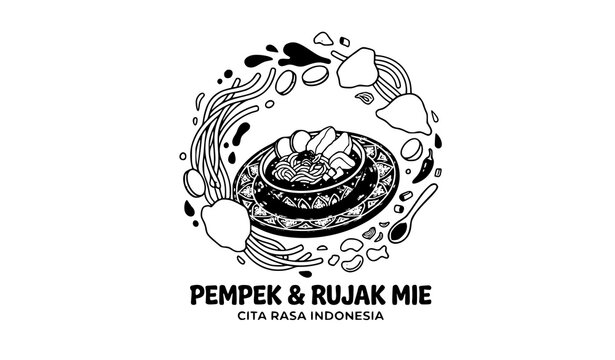 Floating Pempek and Rujak Mie Indonesian Cuisine Vector Clipart Logo Design