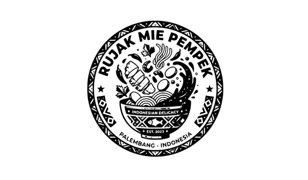 Indonesian Rujak Mie and Pempek Levitation Food Badge Vector Illustration