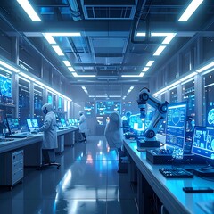 Naklejka premium A futuristic laboratory with scientists working at computer stations (13)