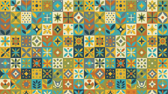 Colorful seamless patchwork tile pattern featuring a variety of geometric, floral,