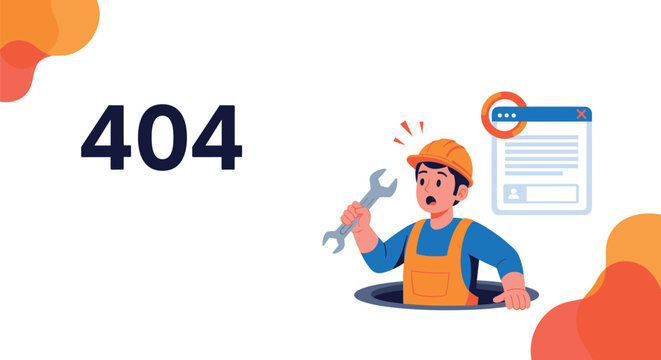 Creative 404 error page design featuring a surprised repairman in an orange hard hat coming out of a hole with a wrench in hand.