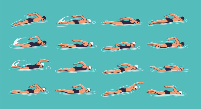 Full movement set showing a male swimmer performing various swimming strokes like freestyle and breaststroke in blue water.