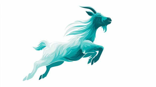 Stylized mountain goat leaps dynamically against a clean white background. Its body flows in teal and white gradients, suggesting motion and energy. Mane and tail stream backward, emphasizing speed