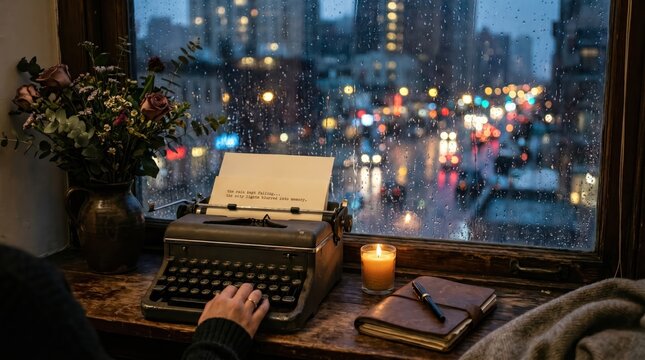 Person typing on vintage typewriter at rainy window seat with candle and notebook overlooking blurred city street lights