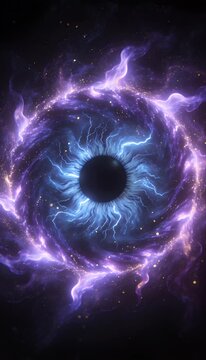 Cosmic vortex energy abstract galaxy swirl purple blue nebula glowing electric light deep space background mystical eye portal surreal fantasy vision dramatic cosmic storm digital art illustration