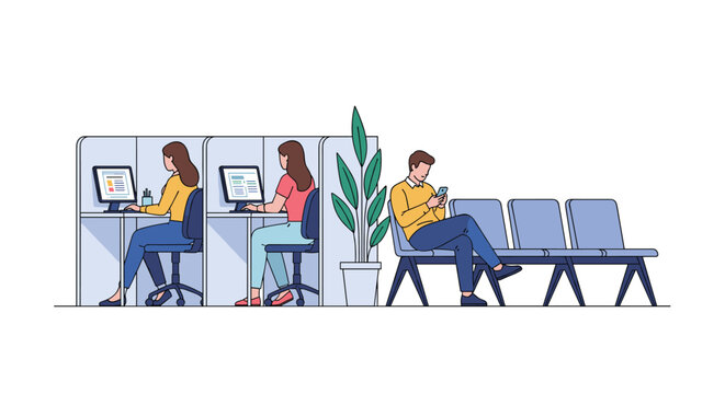 Office environment showing people working at computer desks in cubicles alongside a man waiting on a row of chairs.