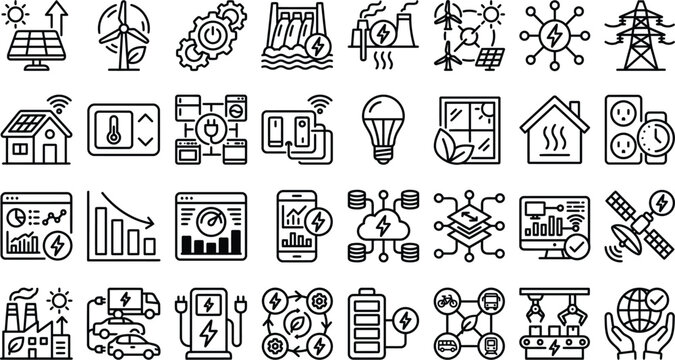 Collection of Modern Line Art Icons for Technology and Daily Life in Monochrome Style