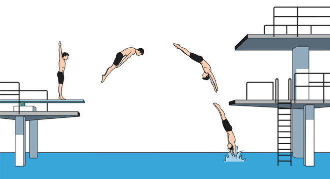 Motion sequence showing a male diver jumping from a high platform and performing a dive into a blue swimming pool.