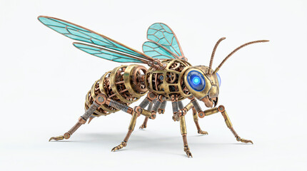 Fototapeta premium Steampunk Robotic Bee with Mechanical Gears and Futuristic AI Design Isolated on White Background