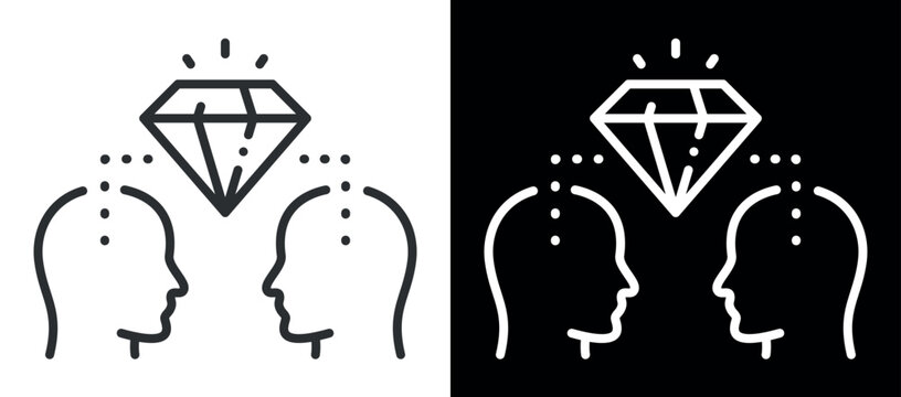 Two human profiles with diamond symbolizing shared knowledge and creativity