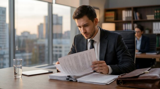 Young Lawyer Reviewing Case Files in Office