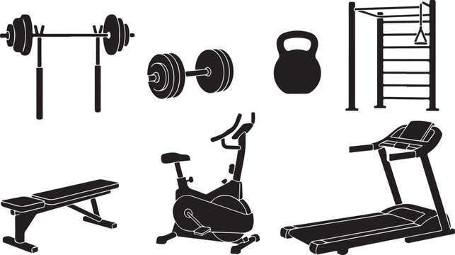 Gym equipment, fitness icons, workout machines, exercise tools, black