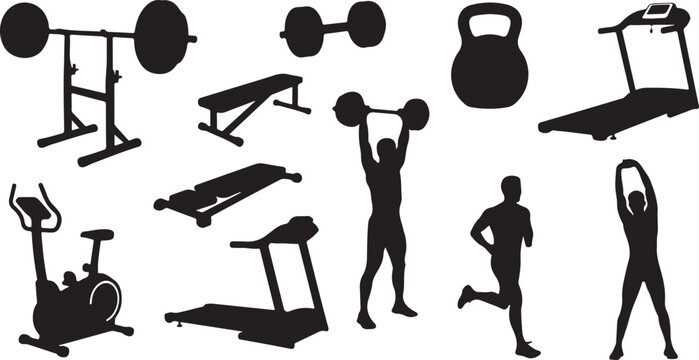 Gym equipment, fitness icons, workout symbols, exercise machines, black silhouette