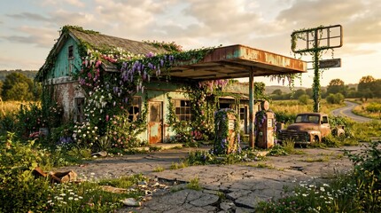 Obraz premium Overgrown derelict gas station covered in climbing vines and wildflowers beside rusted pickup truck on cracked country road at golden hour