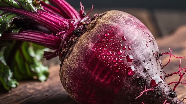 Closeup of a Fresh Beetroot with Water Droplets on a Wooden Surface.