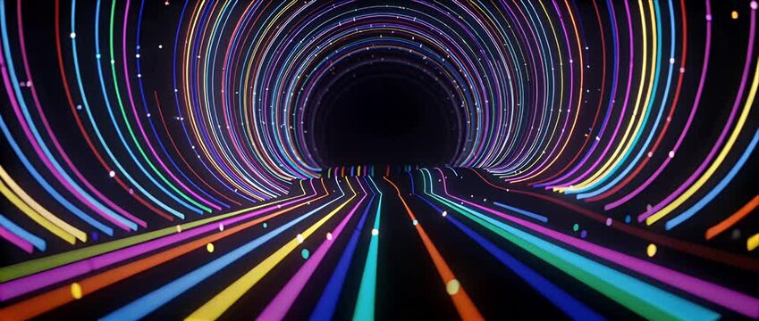 Abstract rainbow light tunnel neon line futuristic background digital wave glowing curve colorful stripe motion energy depth fantasy mood digital art light trail energy flow speed effect sci fi