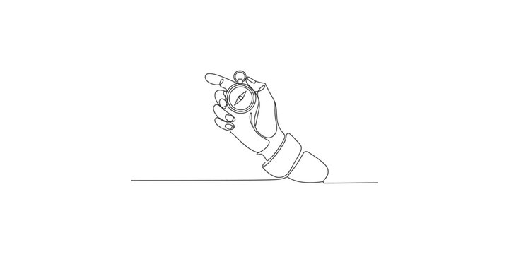 A hand holding a compass in a continuous line drawing style on white background