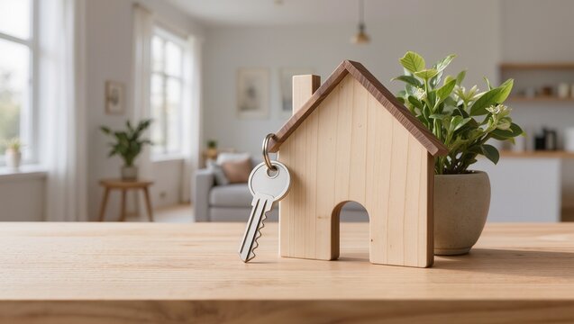 Wooden house-shaped key holder with a key and potted plant on a wooden table in a bright, modern living room with large windows and minimalist decor