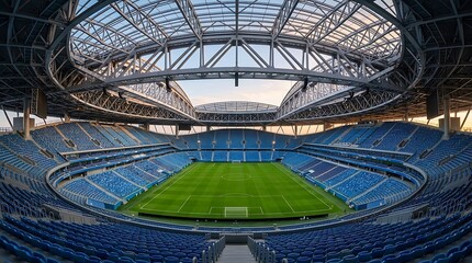 Fototapeta premium Empty sports stadium with green field and blue seats isolated on transparent background, isolated on white background, Vector, illustration