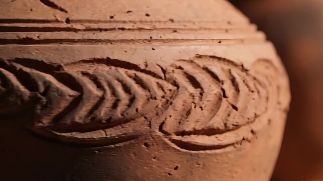 Closeup of an ancient cracked terracotta pot with intricate carvings.