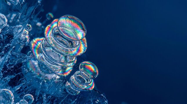 Iridescent air bubbles trapped inside frozen ice block