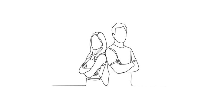 A minimalist line drawing of a man and woman standing back to back with their arms crossed in a simple yet elegant style