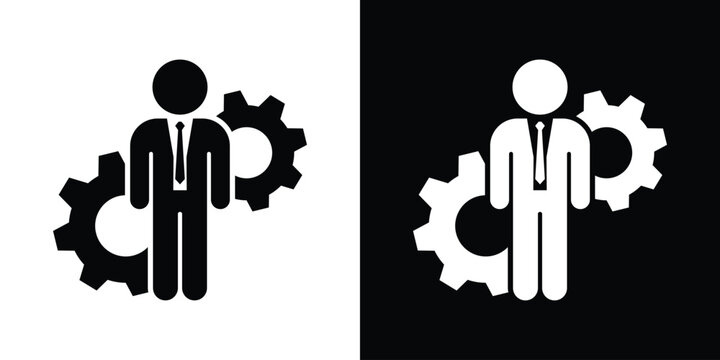 Business professional working with machinery gear wheel icons. Vector concept for corporate systems, engineering management, process automation, and optimization, set on dark and light backgrounds.