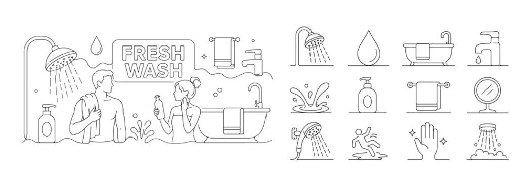 Modern Shower Hygiene. Banner composition with 2 people preparing a clean bathroom routine across the full wide canvas, one oversized shower head and one oversized bathtub reaching opposite edges,
