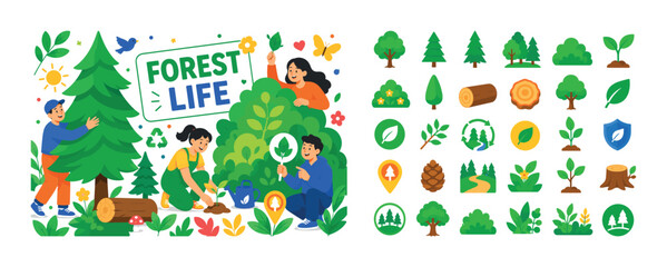 Naklejka premium Tree Forest Nature banner, lively flat vector banner scene about forest plants, trees, and natural ecology with 3 expressive stylized human characters interacting with one oversized pine tree and one