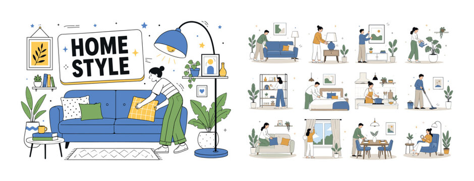 Home Interior Living Scenes banner showing a character arranging furniture with oversized sofa and lamp objects filling edges, small decor elements like frames and plants around, bold uppercase HOME