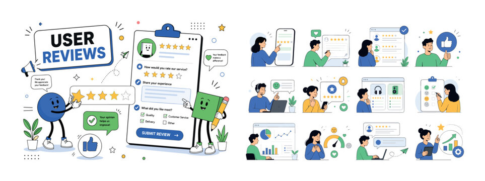 Customer Feedback Review Scenes banner showing two characters rating service with oversized star rating and feedback form filling edges, small speech bubbles and check marks around, bold uppercase
