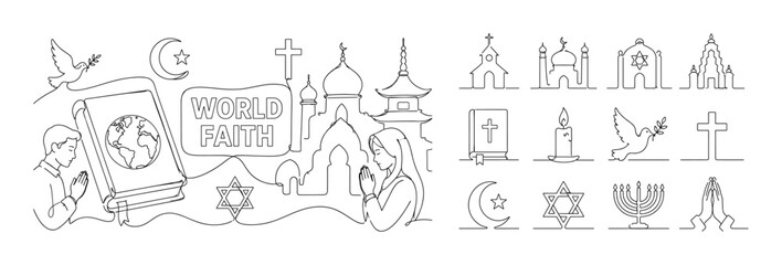 Obraz premium World Religion Symbols. Banner composition with 2 people praying respectfully across the full wide canvas, one oversized holy book and one oversized temple silhouette reaching opposite edges, with