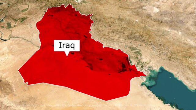 Iraq map zoom, country border animation, satellite terrain, location pin text box, red color fill animation, Middle Eastern outline, infographic cartography motion
