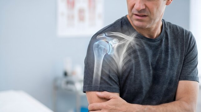 Middle aged man feeling shoulder pain with digital medical overlay of human skeletal structure