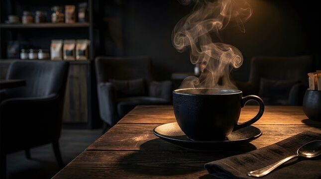 Steaming cup of hot tea on rustic table in dimly lit cozy cafe atmosphere with atmosphere beverage relaxing interiors serenity