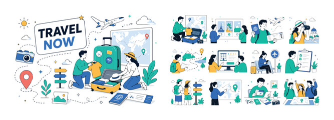 Fototapeta premium Travel Tourism Journey. Clean editorial banner with one main scene about tourism and travel planning: two geometric characters packing near a large oversized suitcase and a big map panel, with small