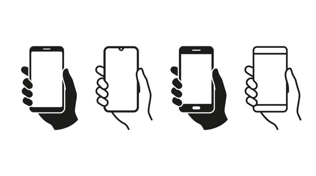 Collection of various modern smartphone devices held in hands as a simple black vector graphic set