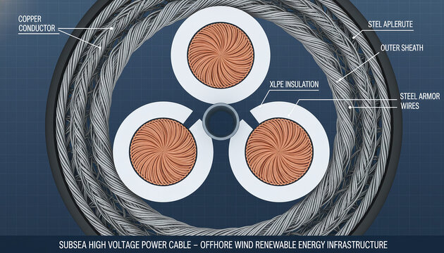 Heavy subsea high voltage power cable cross section with steel armor