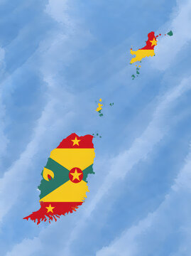 Grenada map with national flag colors and stars on watercolor background