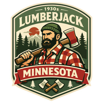 Vintage Minnesota lumberjack badge with bearded logger in plaid shirt holding axe before pine forest and rising sun, rugged woodsy emblem for logging brands, clothing labels and craft beer