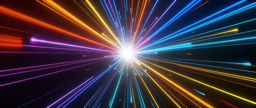 Colorful light beam burst neon energy bright radiant star explosion abstract background, rainbow spectrum beam speed motion neon ray, dynamic vibrant line glow futuristic light burst neon energy